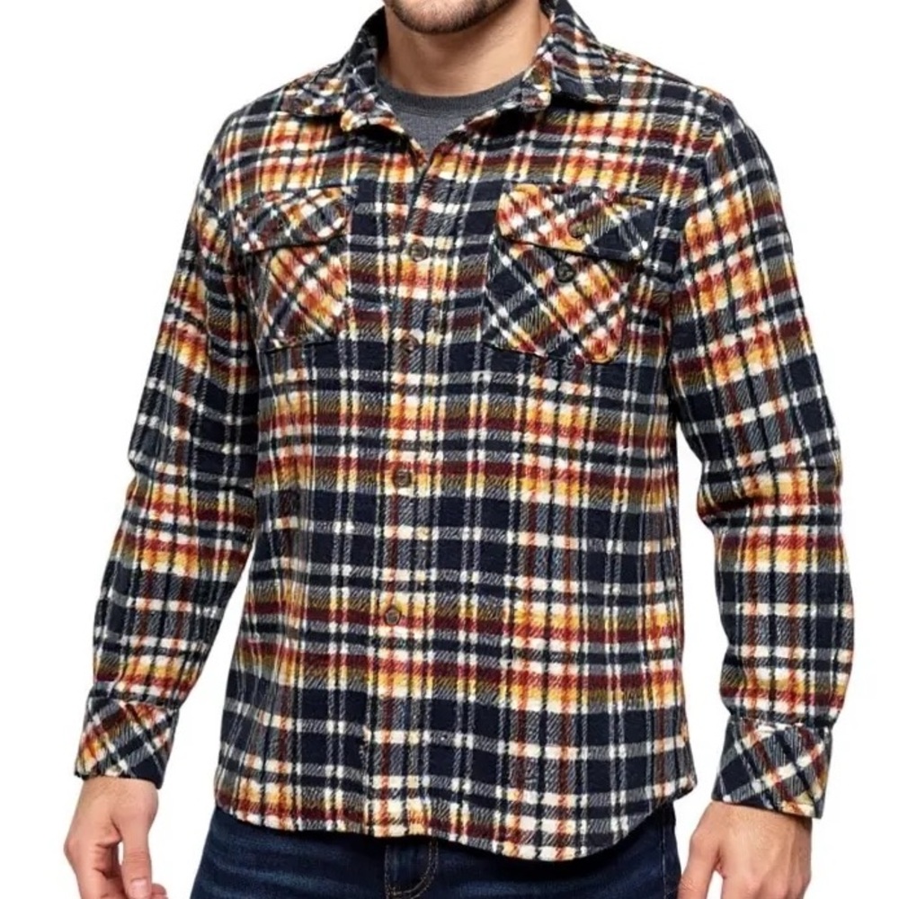 VISSLA Men's Casual Fleece Plaid Shirt - Blue, Orange, White Sz Small